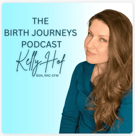 A white woman called Kelly Hof is giving a small smile wearing a green shirt. There is a blue wash background and the text with the name of the podcast and her name and credentials.