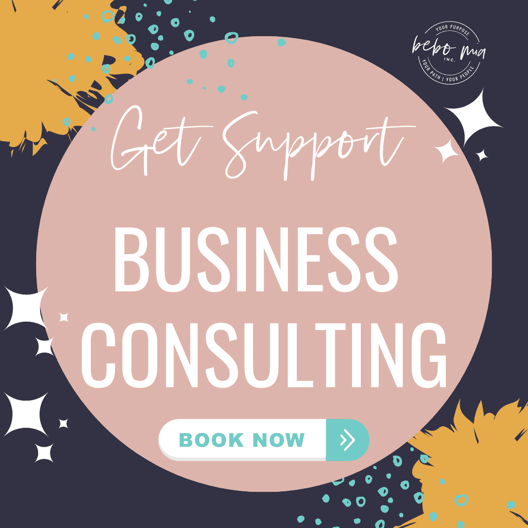 A pink circle that says Get support Business Consulting, book now in it. There are decorative splatters in orange and green. The whole image is square and on a navy background.