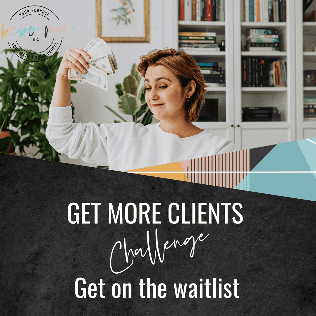 a white woman is sitting at a desk waving money around. The bottom of the image says Get More Clients Challenge Get on the waitlist.