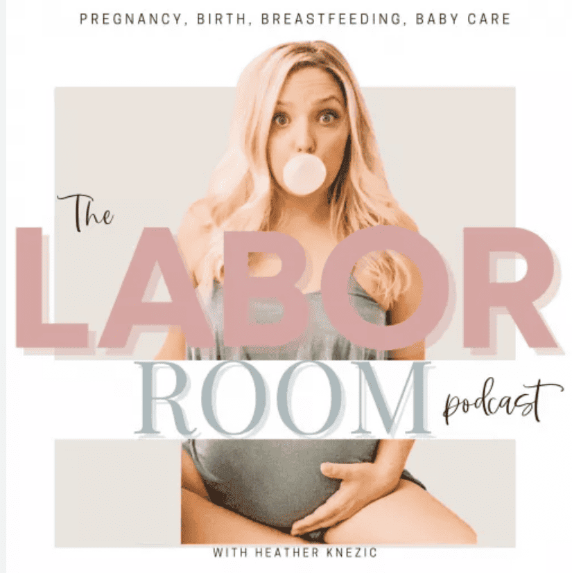 A blonde woman blowing a bubble with the words The Labor Room in pink and grey letters